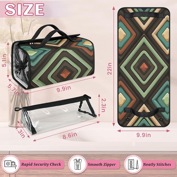 Geometric Shapes Makeup Bag for Women Hanging Roll-Up Travel Organizer Toiletry Kit with 4 Removable Compartments, Mid Century Modern