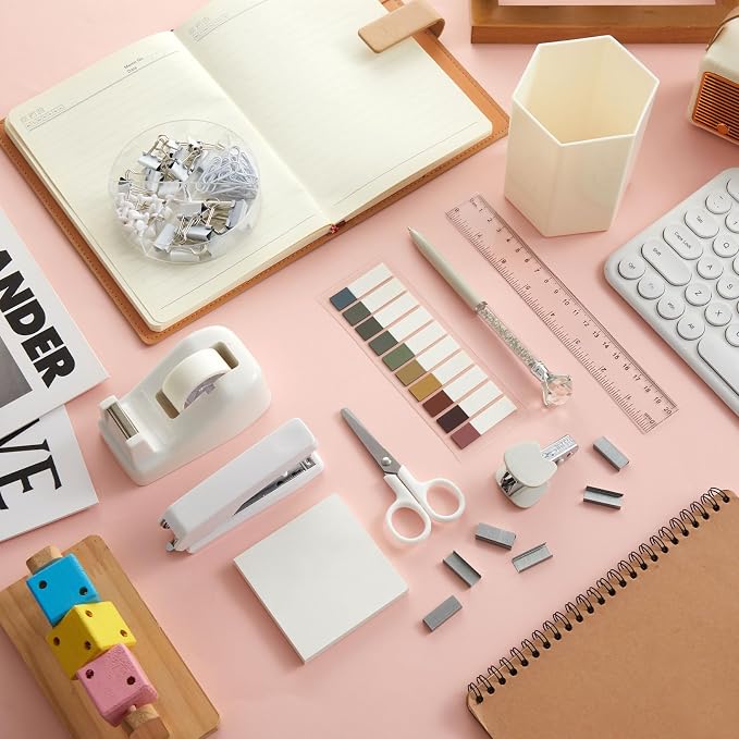 Marspark 12 Pcs Beige Desk Accessory Set Office Supplies Kit | Stapler Tape Dispenser Pen, Scissors Ruler Staple Remover Clips Sticky Notes, Beige Desk Supplies, Stationery Kit