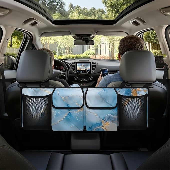 Dreaweet Blue Marble Print Car Trunk Organizer for Sedan Collapsible Car Organizers and Storage with 4 Pockets Hanging Back Seat Organizer Car Storage Accessories Interior for Women Men