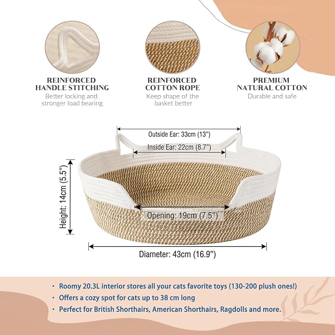 Cat Toy Basket, Cat Toy Box Organizer Baskets, Woven Cotton Rope Pet Puppy Dogs Cats Bed Toy Bin With Handle, Chew Toys Blankets Leashes Storage Baskets for All Pets - Puppies to Large