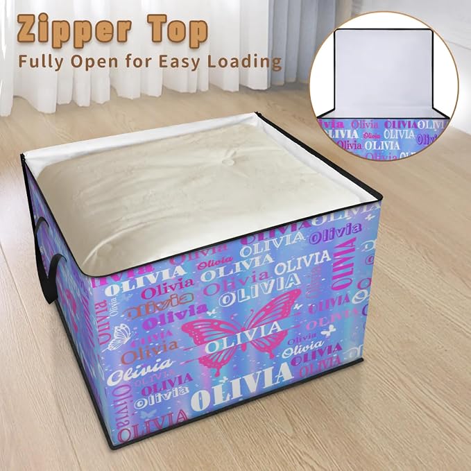 Custom Comforters Storage Basket with Lid, Personalized Name Butterflies Large Organizer Bin for Pet/Children Toys, Clothes, Perfect for Rooms/Playroom, Gradient Blue Stripes with Stars