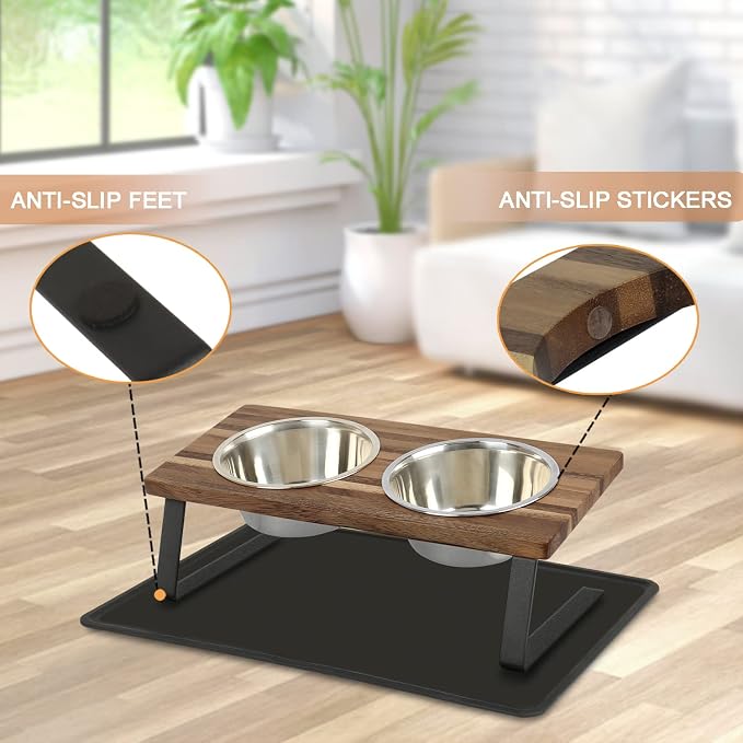 Aivituvin Elevated Dog Bowls, 15°Tilted Raised Cat Food Bowl, Walnut Wood Water Stand Feeder Set for Cats and Puppy, Pet Bowls with Anti Slip Mat(Small)