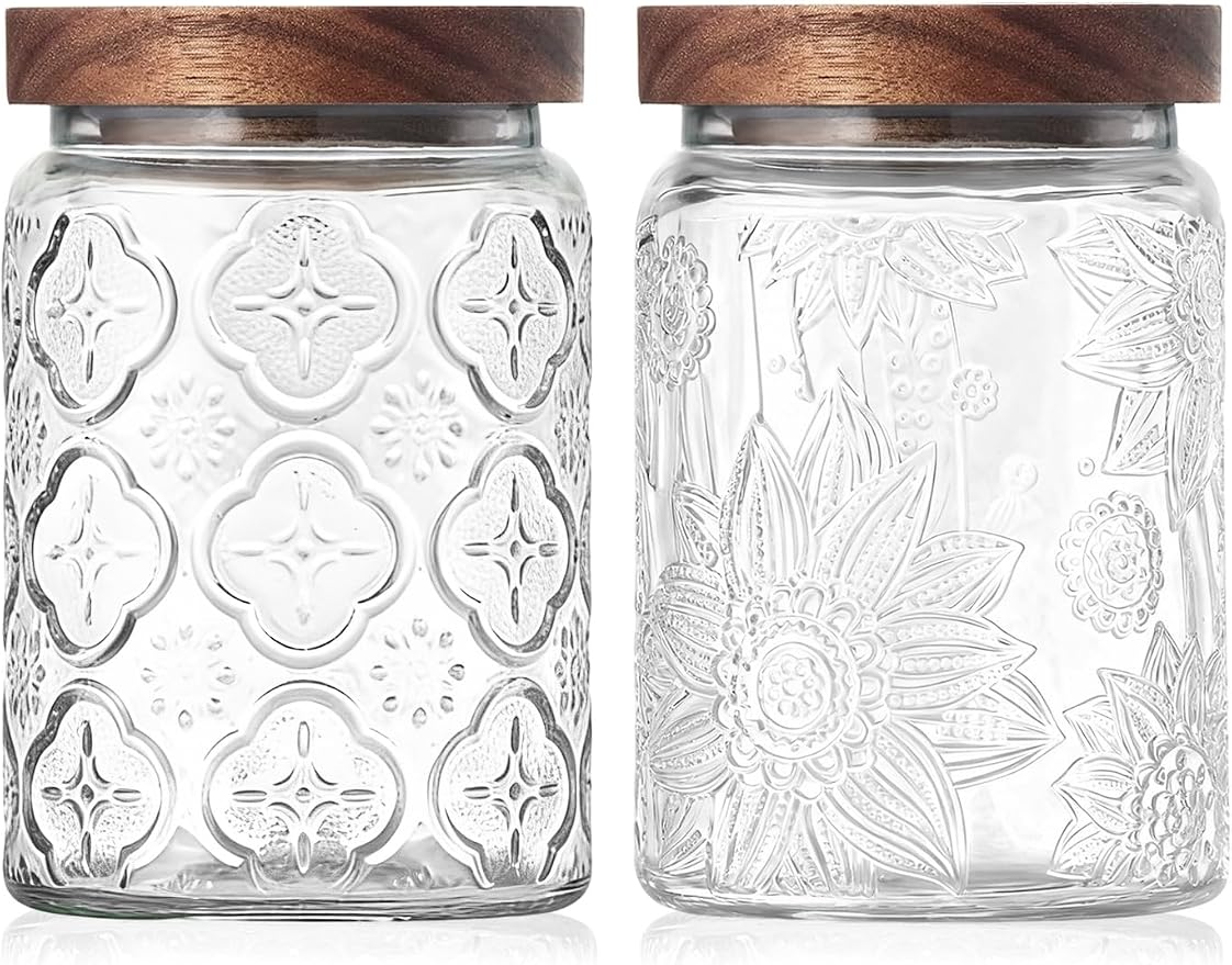 Vintage Glass Jar with Wood Lid - Christmas Airtight Canisters for Kitchen Countertop Bathroom, Storage Candy, Cookie, Coffee, Apothecary, Sugar, Flour ,Pet Treat (Sunflower & Begonia, 24oz/700ml)