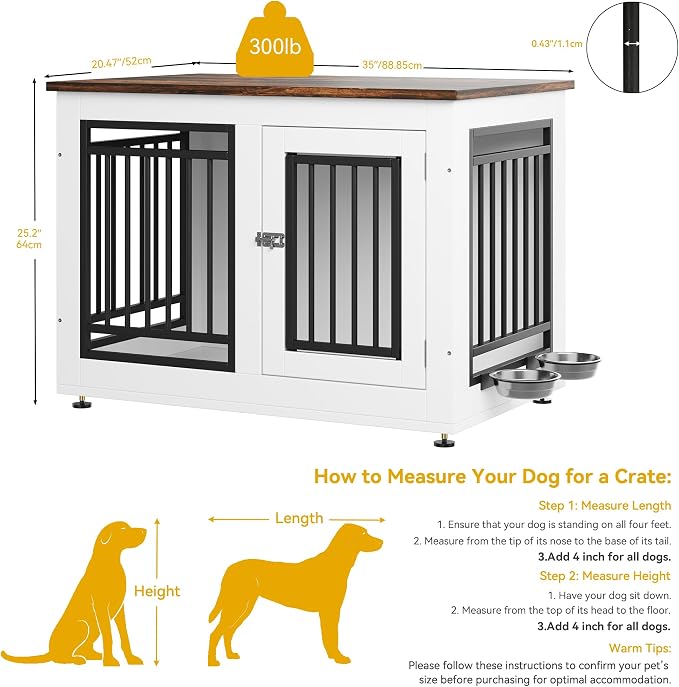 DWVO 35 Inch Dog Crate Furniture with Adjustable Feet & Removable Bowls | Dog Kennel Indoor Furniture End Table for Dogs, Modern Decorative Wooden Cage, Chew-Resistant, White