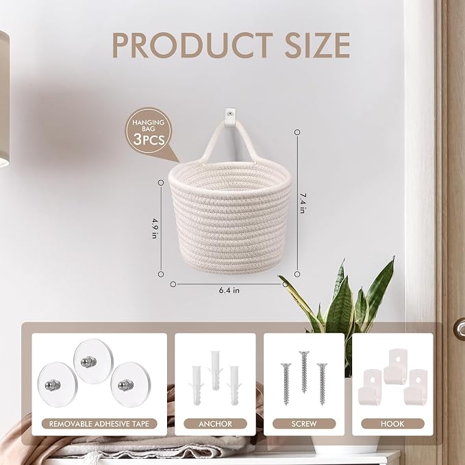 Fabric Wall Hanging Baskets - 3Pack Woven Pouchs Boho Style Wall Mounted Bag with Adhesive Hooks, Storage Organizers and Decoration Pocket Caddy Bins on Door Rack (White & White, Large) | Wall Small Bags with Adhesive Hooks, Cotton Rope, Boho Decorativ...
