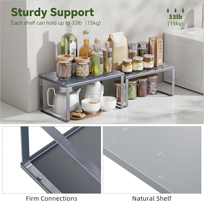 Simple Trending Cabinet Organizer Shelf, Set of 2 Kitchen Counter Shelves, Kitchen Storage, Stackable, Expandable, Metal Spice Rack for Cupboard, Bathroom, Desk, Pantry, Silver