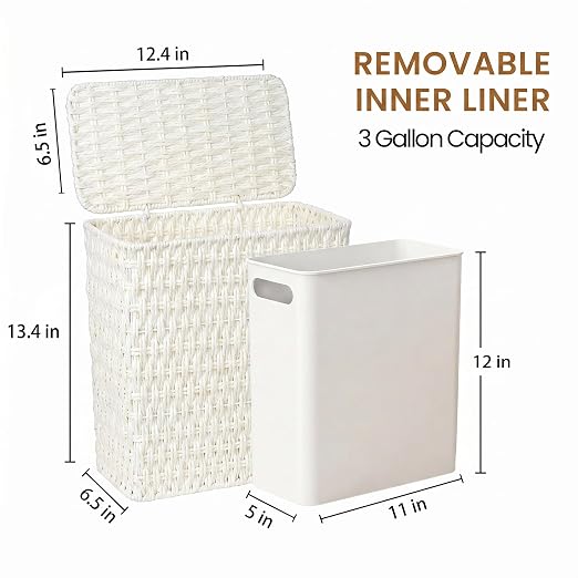 Wicker Trash Can,3 Gallon Bathroom Trash Can with Lid,Handwoven Paper Rope Rattan Waste Basket with Removable Liner and Built-in Handles for Bedroom,Toilet,Narrow Spaces,White