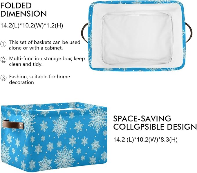Snowflakes Christmas Blue Print Rectangular Storage Bin Basket with Handles - Organizer Bin for Books Laundry Basket for Pets Playroom Clothes