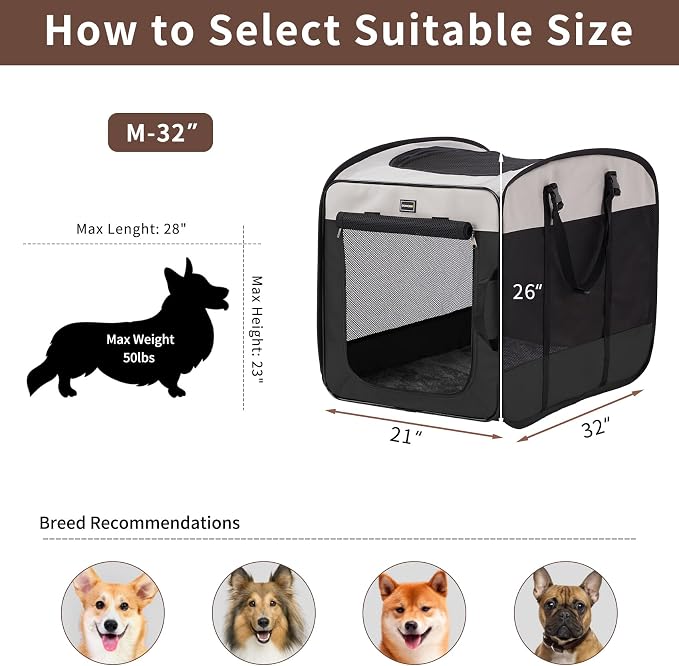 Dog Kennels and Crates for Medium Dogs, Portable Pop Up Indoor Pet Cage with Sturdy Wire Frame, Collapsible Travel Crate Soft Sided Cat Bag Escape Proof (Black, 32.0" L x 21.0" W x 26.0" H)