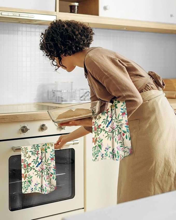 Miss Adola Flour Sack Kitchen Towels - Set of 2 Spring Dish Towels with Hanging Loop 18x26 Inch Absorbent Reusable Cotton Cloths for Cleaning Cute Design Home Decorative Housewarming, Leaf Flower Bird