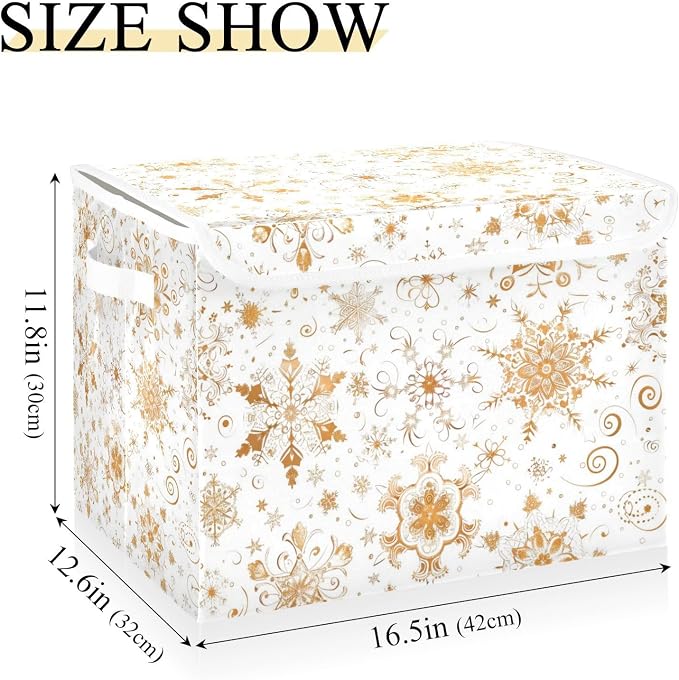 senya Christmas Baskets Collapsible Storage Bins with Lids, Seamless Gold White Snowflakes Storage Boxes Clothes Baskets for Organizing