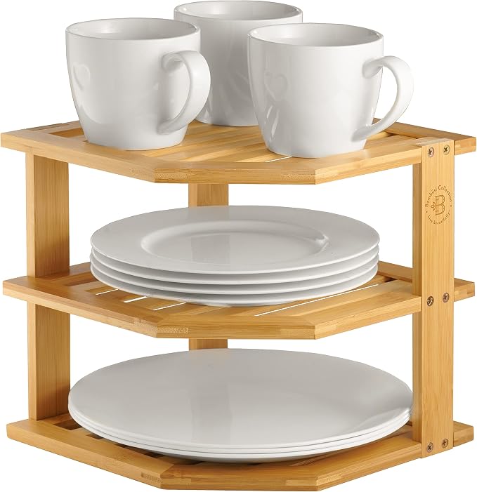 Bambüsi Kitchen Cabinet Organizer, Corner Plate Organizer for Cabinet | 3-Tier Bamboo Corner Shelf Rack, Holds Plates Bowls Mugs Cups, Space Saving Dish Storage Organization, Easy Assembly