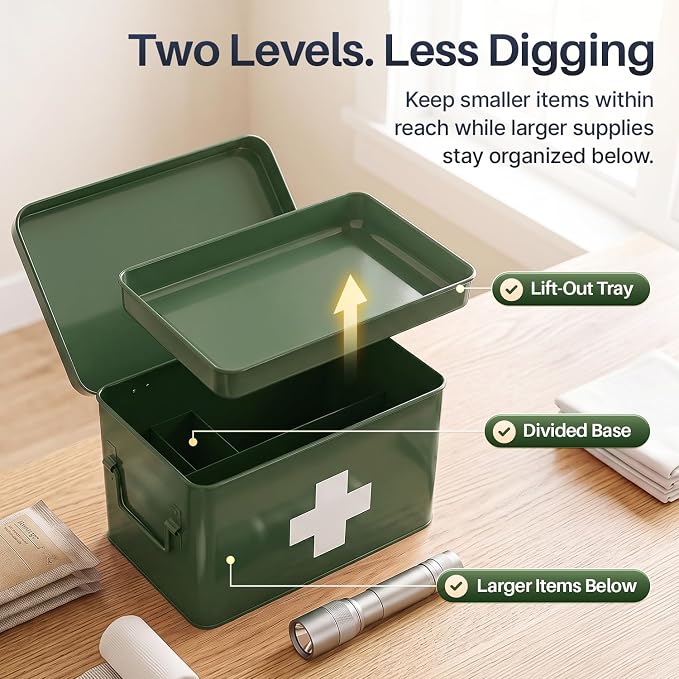 Flexzion Large Metal First Aid Box Empty, 8.5-Inch, Green with White Cross | Vintage Medicine Box and First Aid Storage Organizer with Removable Tray and Dividers; Empty Box Only, Supplies Not Included