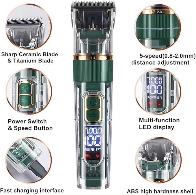 Dog Hair Clippers,Dog Grooming Clippers Kit with Led Display,Pet Clippers Grooming for Dogs Thick Coats,Low Noise Heavy Duty Pet Hair Shaver Trimmers (Green)