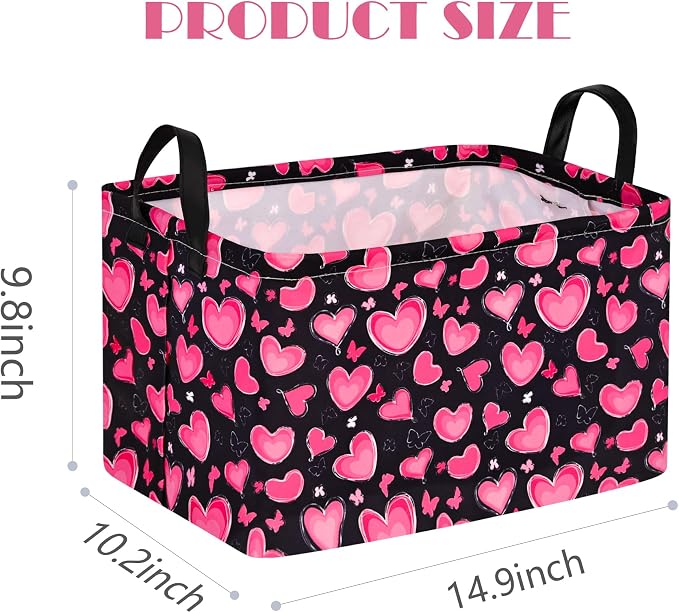MAIZMZ Empty Gift Basket for Girls Heart Print Storage Cube for Women, Closet Shelf Waterproof Organizer Bins with Handles Nursery hamper Kids Toys Books Box Room Deco