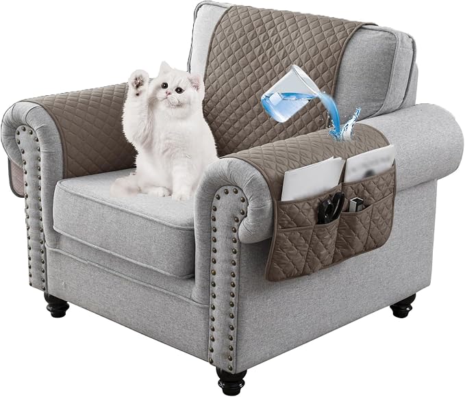 Water-Resistant Sofa Armrest and Headrest Covers with Side Pocket | Keep remotes close quilted polyester helps guard against wear, pet scratches, and kids' messes silicone backing adds grip