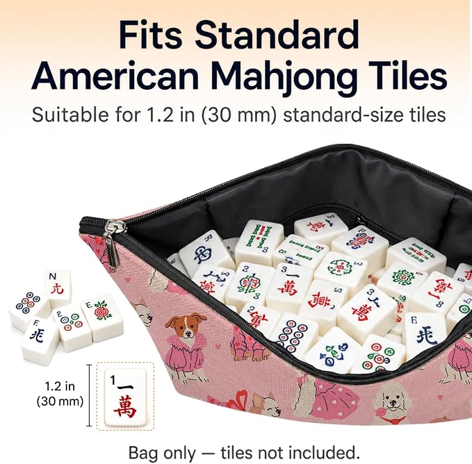 Pink Cute Dog Empty Mahjong Tile Bag 13x7.8 Inch | Pet Printed Portable Travel Case Organizer Zipper Pouch for American Mahjong Tiles Game Night Accessories and Gifts