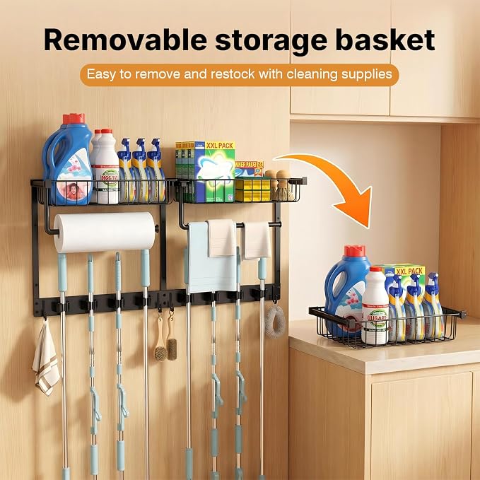 Broom Holder Wall Mount with Paper Towel Holder& Removable Anti-fall Basket | Broom and Mop Organizer Wall Mount Cleaning Supplies Organizer for Laundry Room, Apartment, Utility Room