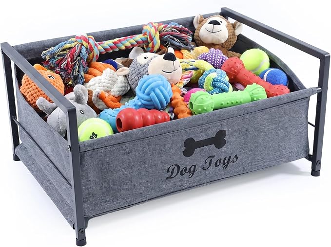 Pethiy Dog Toy Basket, Metal Frame Fabric Pet Storage Bin Front Low Open | pet organizer with Front Low Opening with black metal frame and soft fabric bin for Large Capacity Dog Toy Basket