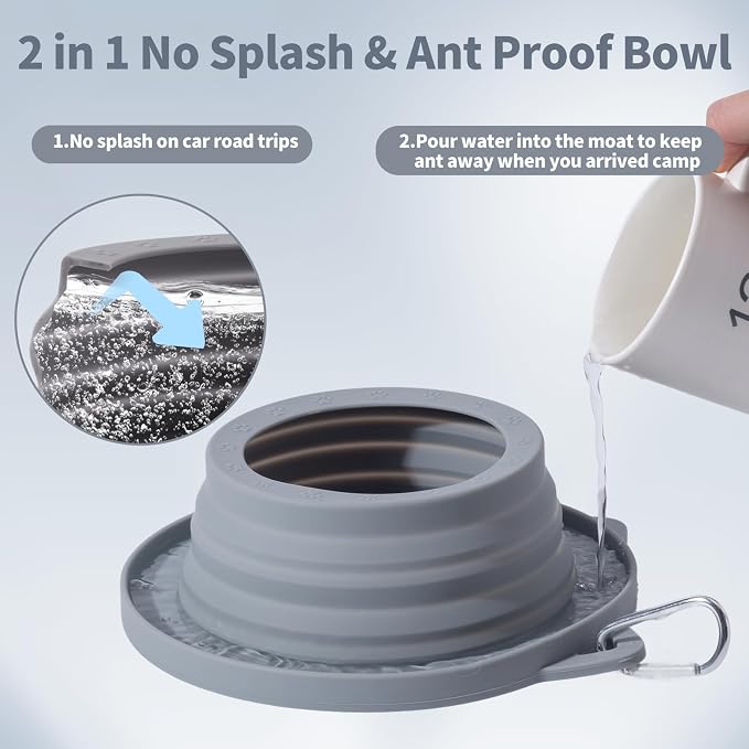 Spill Proof Dog Water Bowl for Car Road Trip, Collapsible Pet Travel Bowl | Silicone Foldable Dog Bowl, No Splash Water Dish on Car, Ant Away Food Feeder Travel Bowl for Pets Camping Hiking Trips