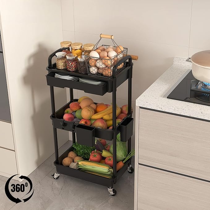 3 Tier Rolling Utility Cart with Drawer, Plastic Storage Organizer Rolling Carts with Wheels Handles Hanging Cups Hooks for Office, Bathroom, Kitchen,Craft Art Room (Black)