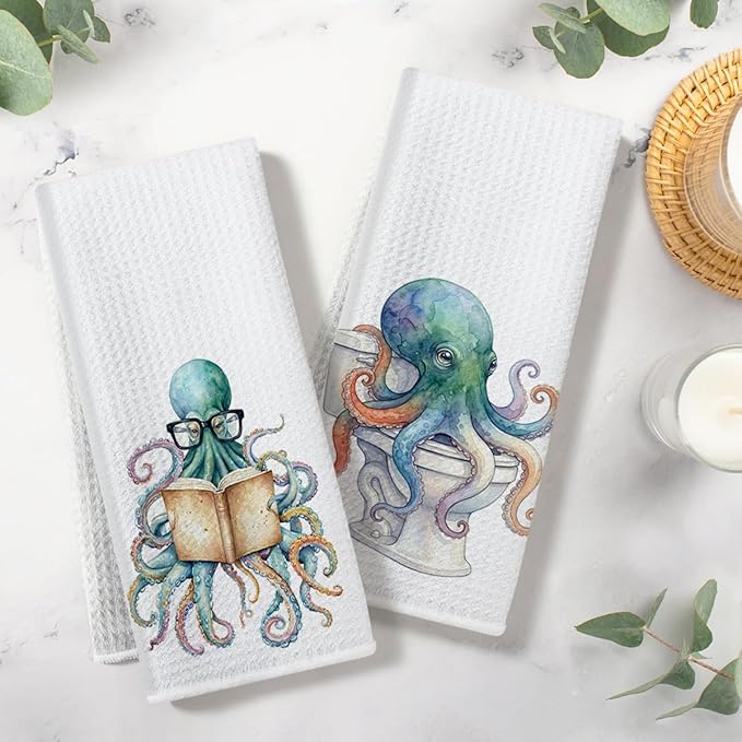 2PCS Vintage Octopus Bathroom Towels 24x14 Inch, Octopus on The Toilet Reusable Durable Microfiber Dish Cloth Hand Towel, Waffle Weave Tea Towels for Bathroom Home Decor, Ocean Gifts for Women Friend