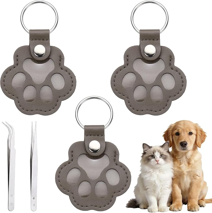 Dog Fur Storage Keychain, Pet Fur Keepsake Keyrings, Paw Shaped, Pet Hair Keepsake Keychains with Tweezers