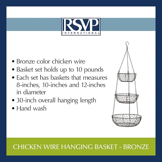 RSVP International Hanging Storage Collection 3-Tier Baskets, Bronze Chicken Wire