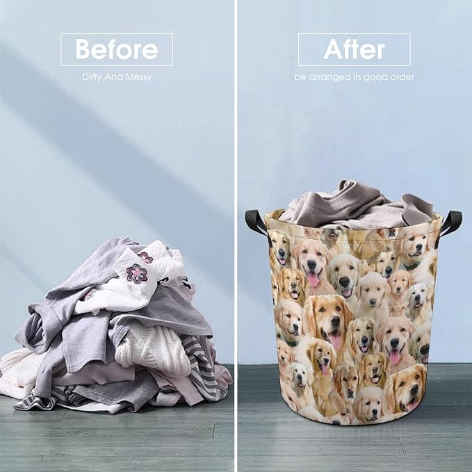Large Laundry Hamper for Golden Retriever Lover, Waterproof Laundry Basket with Handle, Golden Retriever Print Collapsible Clothes Storage Organization for Bathroom Bedroom Laundryroom