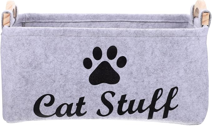 balacoo Cat Toy Storage Bin Fabric Pet Accessory Organizer Felt Basket Chest Organizer Container with Wooden Handle for Dog Rope Toys Blankets Leashes Clothing Grey