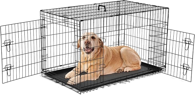 Sweetcrispy 48 Inch Dog Crate, Medium Large Dog Cage, Foldable Pet Kennel | Double Door, Metal Kennel, Secure Lock, Removable Tray, Indoor Outdoor Training Travel