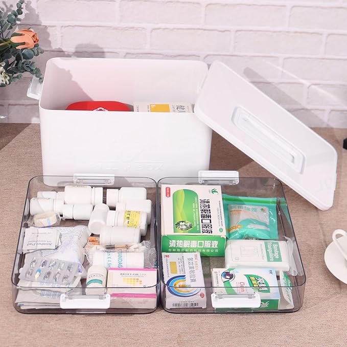 Begale 3-Tier Large Portable Medicine Cabinet Organizer with Handle, White | Plastic, First Aid Box, bpa free, ideal for home bathroom, travel, camping