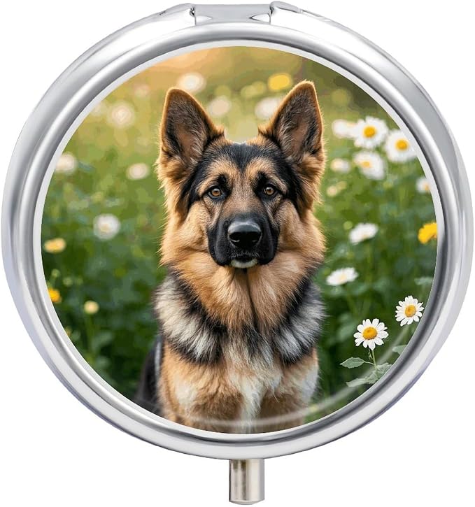Pill Box 3-Compartment Portable Pill Case Cute Pet German Shepherd Dog Round Metal Medication Organizer Small Weekly Medication Case with Mirror Stylish Vitamin Holder for Purse Pocket Travel