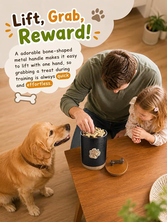 Miamolo Dog Treat Storage Container for Kitchen Counter, Lock in Freshness | Ceramic Jar with Airtight Seal Lid, Puppy Treats Food Canister | Farmhouse Decor, Doggie Cookie Jar Gift, Paw Glinting Black