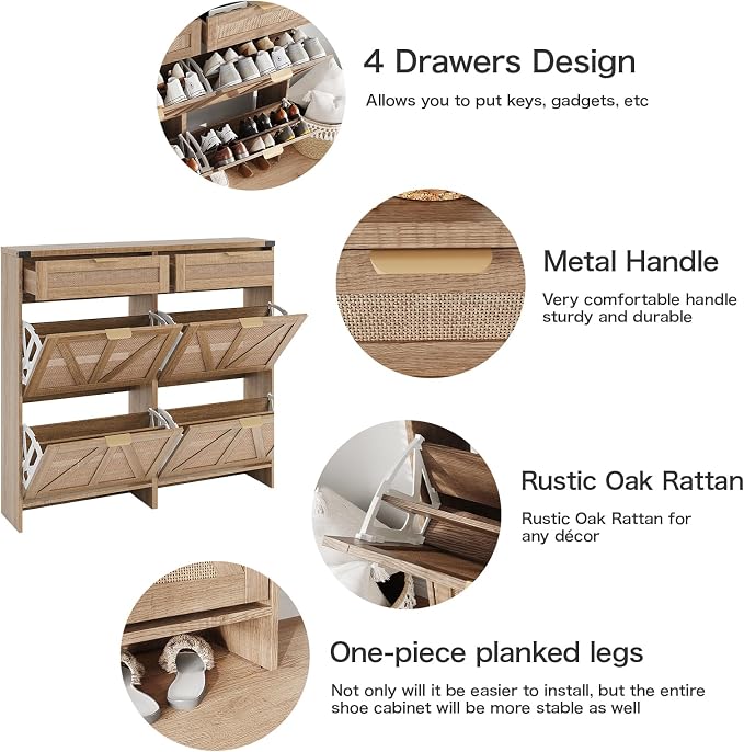 Halitaa Shoe Cabinet with 4 Flip Drawers & 2 Drawers,Farmhouse Shoe Storage Cabinet for Entryway,Slim Freestanding Organizer Rack for Front Door Entrance,Rustic Oak Rattan
