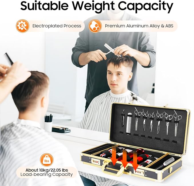 Barber Case with Shoulder, Profesional Barbers Briefcase Tool Cases, Barber Supplies Clipper Trimmers Tool Storage Organizer for Hair Stylists, Pet Groomers, Golden