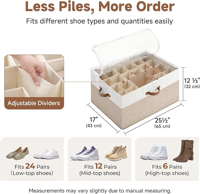 StorageWorks 24-Pair Large Shoe Organizer for Closet, Brown and White | Adjustable Dividers, Holds up to 24 Pairs, Foldable, Clear Lid, Soft Handles, Fits Sneakers, Sandals & Flats, For Mudroom