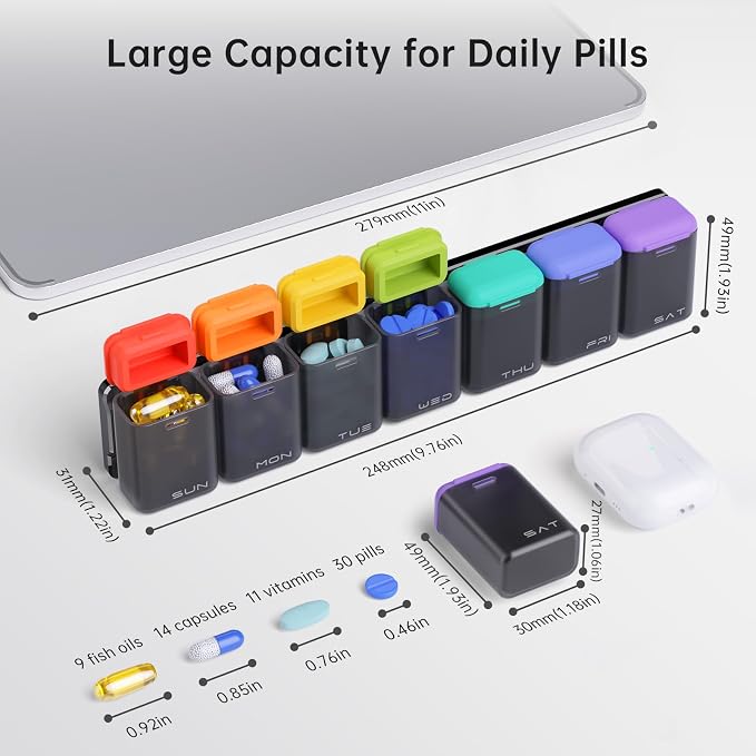 KOVIUU Weekly Pill Organizer, Magnetic Medicine Vitamin Case 1 Time a Day | Week Once Daily Supplement Box, Removable Medication Container Holder for Fridge, 7 Day Large Travel Pill Dispenser, Black