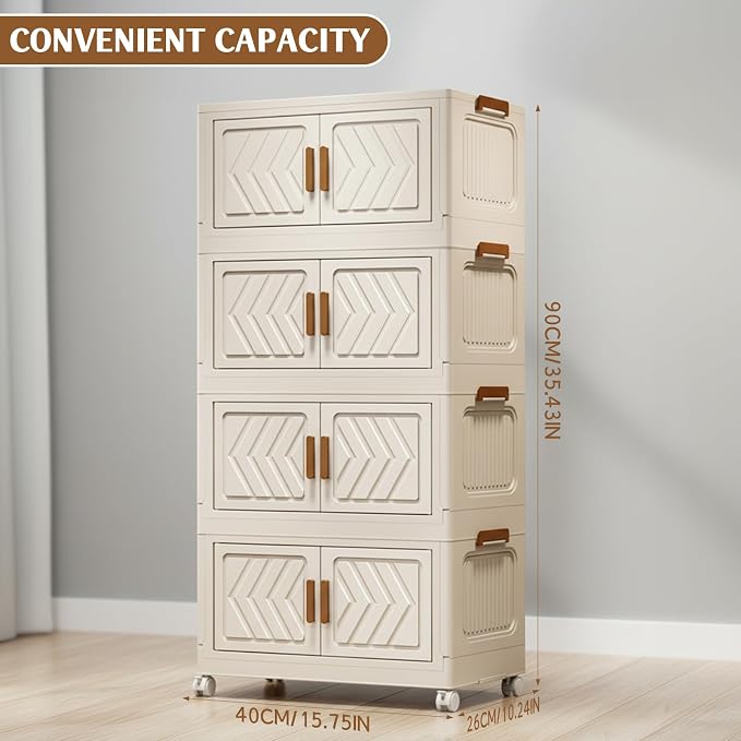 ETOYA 4-Tier Stackable Storage Bins with Lids, 23QT Stackable Closet Organizers and Storage with Wheels and Magnetic Doors, Foldable Plastic Storage Containers for Seasonal Clothes, Toys, Tools