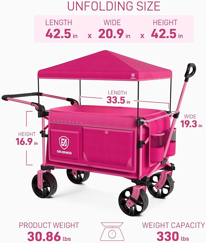 EVER ADVANCED Folding Push Wagon with Canopy, Shopping Cart with Brakes | Portable Collapsible Wagon Cart with All-Terrain Big Wheels for Camping, Beach, Sports