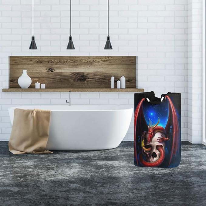visesunny Red Dragon With Skull Large Laundry Bag Collapsible Oxford Fabric Laundry Hamper Foldable Portable Dirty Clothes Laundry Basket with Handles Waterproof Washing Bin Laundry Tote Bag