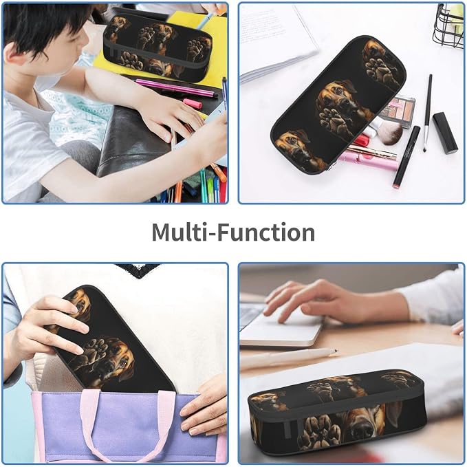 Dog Animal Pet Paw Print Large Capacity Layered Pencil Pouch, Zipper Storage Bag with Mesh Pocket & Pen Slots