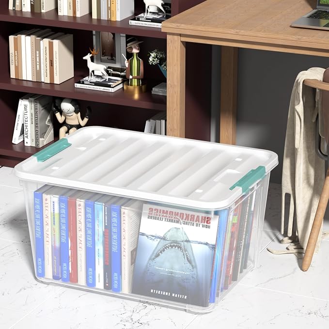 85 Quart Large Plastic Clear Storage Bins with Wheels, 4 Packs | Stackable Large Capacity Plastic Organization Box with Wheels