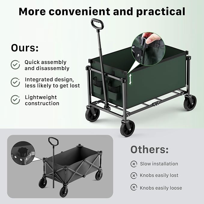 29.3" Collapsible Wagon Cart, 150L Heavy Duty Folding Utility Wagon with Wheels, 260 lbs Load, Portable Rolling Cart for Garden, Shopping, Sports, Camping, Army Green