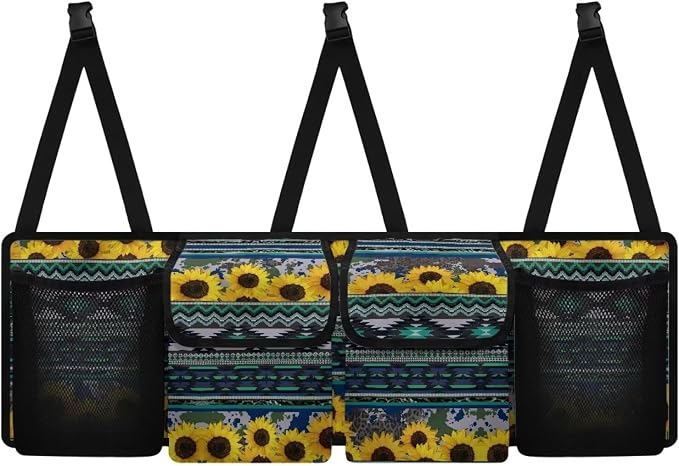 Dreaweet Sunflower Aztec Trunk Organizer for Car Women Green Back Seat Hanging Organizer with 4 Pockets Portable Collapsible Trunk Organizer for SUV Sedan Van Car Storage Accessories Interior