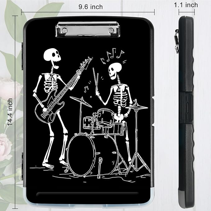 A4 Clipboard with Storage Pen Holder, Clipboards Organizer Nursing Clipboard Foldable File Folder Plastic Clipboard Folio Clip Board for Office Work Classroom Doctor, Guitar Skull
