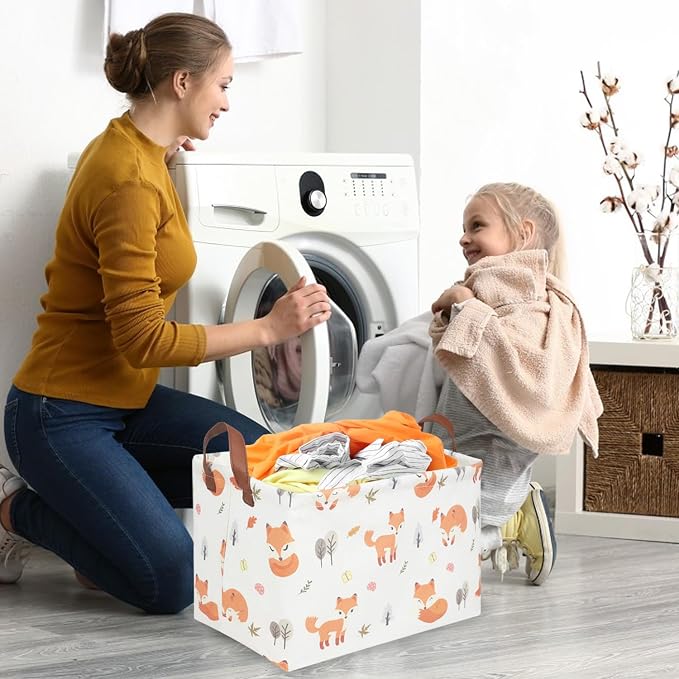 Rectangle Fox Basket,Collapsible canvas waterproof storage basket,Toy Organizer,Laundry Baskets for Kid Rooms,Baby Room decor,Toy Baskets,Woodland Nursery Decor(Fox)