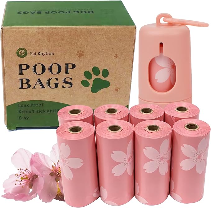Cherry Blossom Scented Dog Poop Bags - 8 Rolls 120 counts | Leak Proof Extra Large 13x9 Inch Pink Dog poop bags rolls with Dispensers, Fragrance Bags for Dogs Walking and Cat Litter