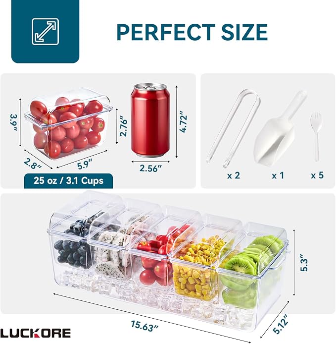 Chilled Garnish Tray with 5 Small Removable Containers and Compartments | Ice Chilled Condiment Organizer Server, Clear Garnish Serving Platter for Fruit, Salad, Food, Outdoor Events, Picnics