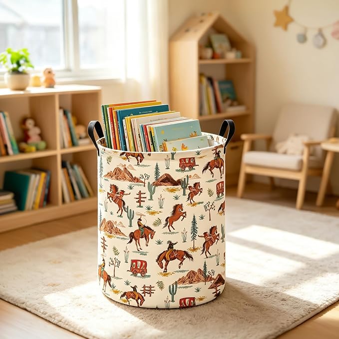 Western Cowboy Fabric Storage Bin,Nursery Organizer Basket | Organizer Bin Dirty Clothes Collapsible Waterproof for College Dorms, Boys and Girls Bedroom,Bathroom